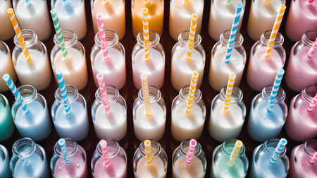 Close-up of a row of multicolored cocktail tubes with straws on top.の素材