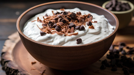Creamy yogurt with chocolate chips in a bowl on a wooden backgroundの素材