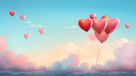 Valentine's day romantic background with heart shaped balloons and cloudsの素材