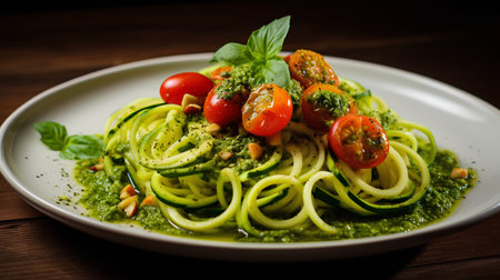 Spaghetti with zucchini pesto sauce and cherry tomatoes on wooden tableの素材