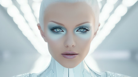 3D rendering of a female robot with futuristic make up and hairstyleの素材