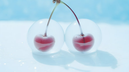 Two cherries in ice cubes on a blue background. Toned.の素材