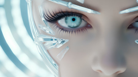 3d rendering of a female robot with ice cubes in her faceの素材