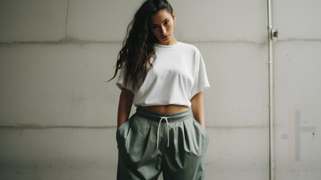 Portrait of a beautiful young woman in a white T-shirt and green pantsの素材