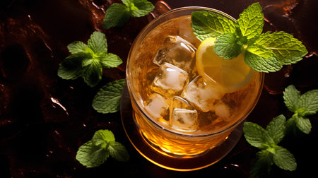 Glass of iced tea with lemon and mint on dark background.の素材