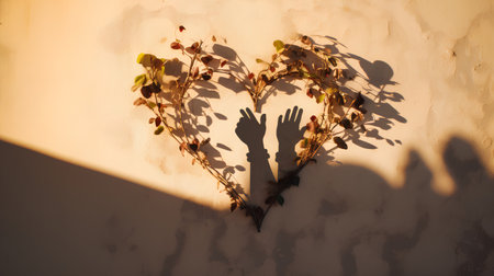 Heart made of ivy leaves on the wall with shadow from handsの素材