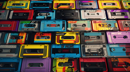 Seamless pattern of old audio cassettes. Vector illustration.の素材
