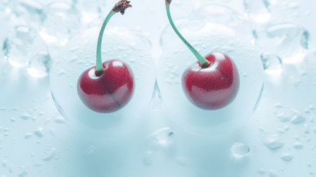 Cherries in ice cubes with water drops. 3d renderingの素材