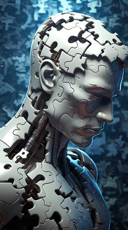3D rendering of a female robot with a puzzle on a blue backgroundの素材