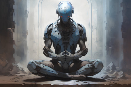 Cyborg meditating in front of a wall. 3d renderingの素材