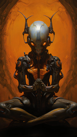 3D rendering of a fantasy alien warrior with horns and armor.の素材
