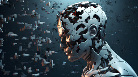 Cyborg head with binary code. 3d illustration. Technology conceptの素材