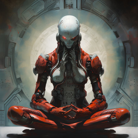 Cyborg sitting in the space. Futuristic background. 3D rendering.の素材