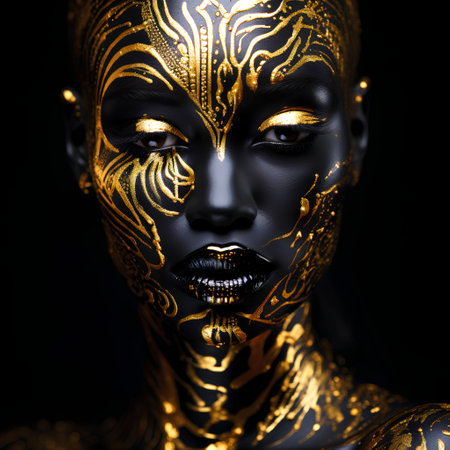 Close-up portrait of a beautiful black woman with gold bodyart. Luxury make-up.の素材