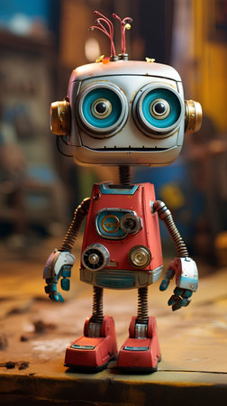 Vintage tin robot toy on the background of the old factory.の素材