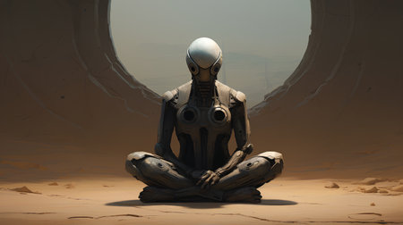 3D rendering of a female robot sitting in an empty room.の素材