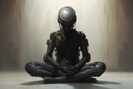 Cyborg sitting on the floor and meditating. 3d renderingの素材