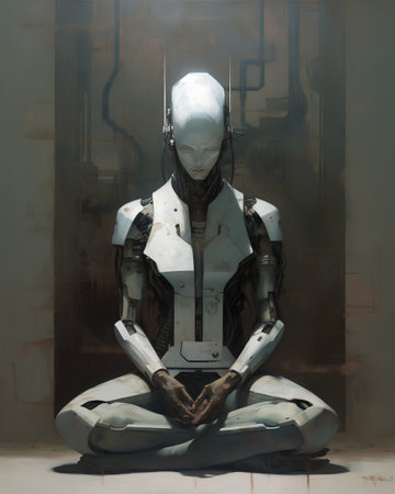Cyborg sitting in the lotus position. 3D rendering.の素材