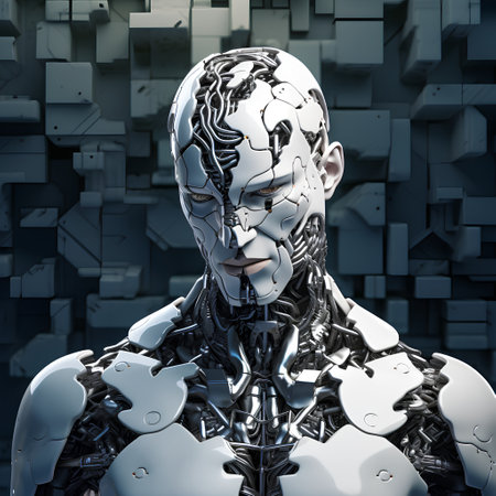 Cyborg in front of a futuristic background. 3D rendering.の素材