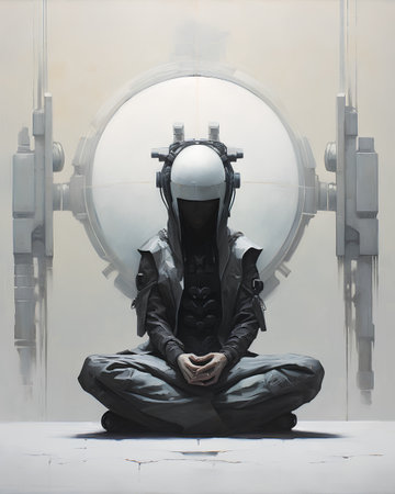 Astronaut sitting in lotus pose and meditating. Futuristic conceptの素材