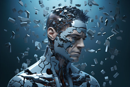 3d rendering of a male cyborg with broken glass on blue backgroundの素材