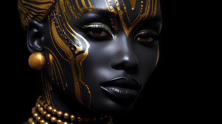 Closeup portrait of a beautiful black woman with golden make-upの素材