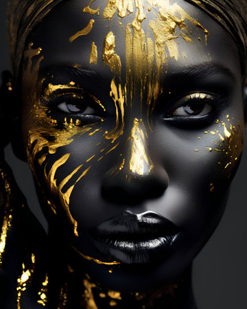 Portrait of a beautiful black woman with creative makeup and golden paint on her faceの素材