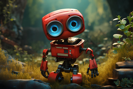 3d render of a robot in the forest, 3d illustrationの素材