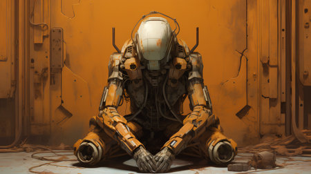 3D rendering of a robot in an industrial environment with a grunge backgroundの素材