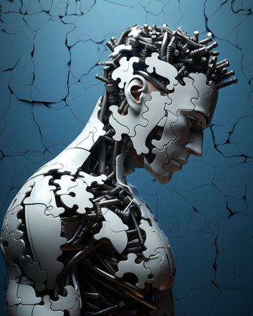 Cyborg man with a jigsaw puzzle. 3D illustration.の素材