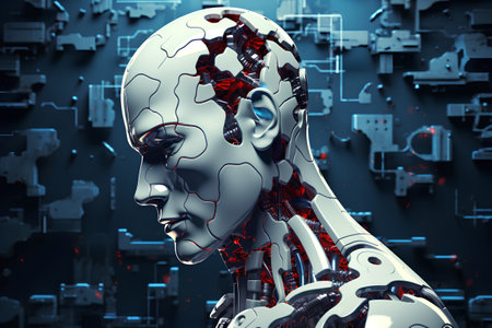 3d rendering humanoid robot with circuit board on dark blue background.の素材