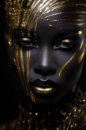 Close-up portrait of a beautiful black woman with golden make-up. Beauty, fashion.の素材