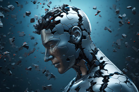 3d rendering of a female cyborg with broken glass on blue backgroundの素材