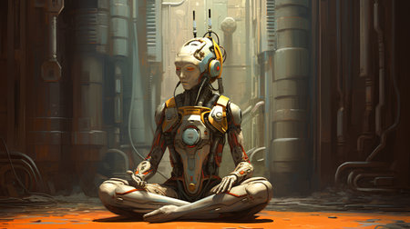 Cyborg sitting on the ground in front of an industrial background.の素材