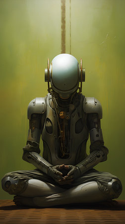 Cyborg sitting in lotus position and meditating. 3d renderingの素材