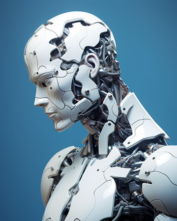 3d rendering humanoid robot or cyborg with metallic body on blue backgroundの素材