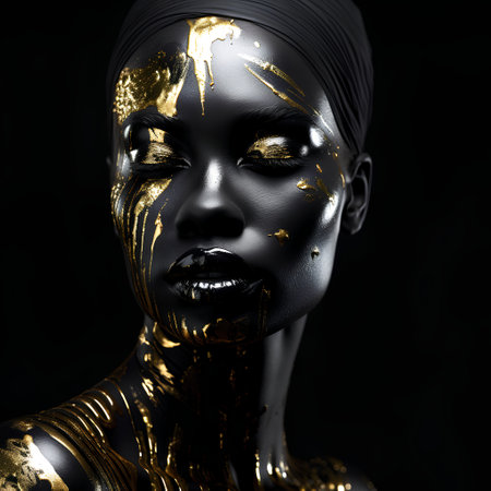 Portrait of a beautiful woman with golden makeup. Black and gold.の素材