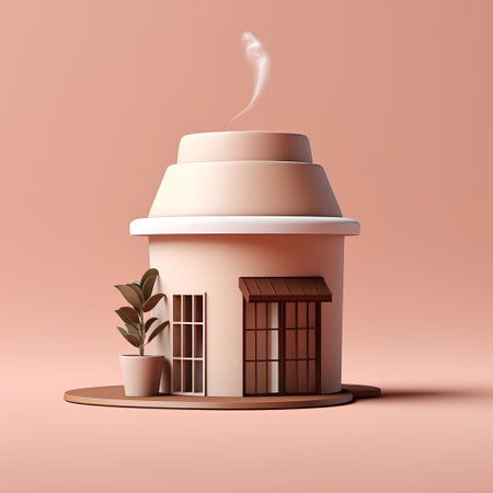 3D rendering of a coffee shop with a coffee cup in the shape of a house.の素材