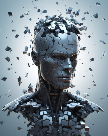 3d rendering of a female robot isolated on gray background with particlesの素材