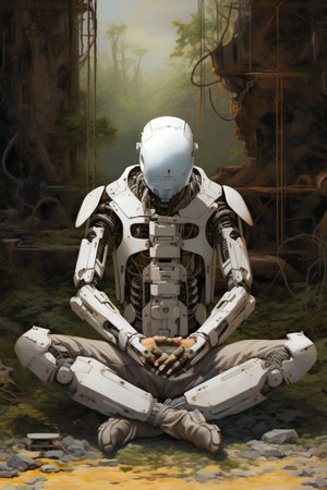 3D rendering of a robot sitting in the middle of the forestの素材