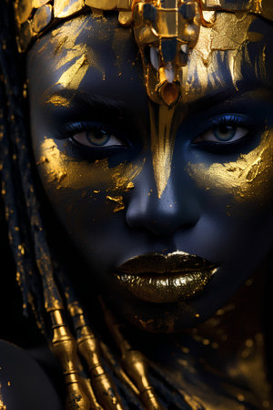 Portrait of a beautiful african woman with golden make-up.の素材