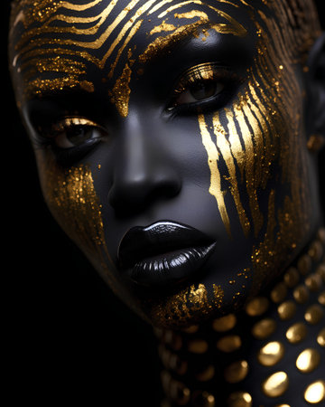 Closeup portrait of beautiful african woman with golden make-up on black backgroundの素材
