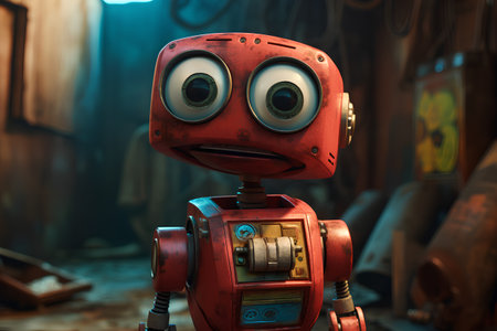 3D rendering of a red robot with a smiley face.の素材