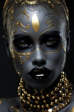 Portrait of a beautiful woman with golden make-up and black bodyartの素材