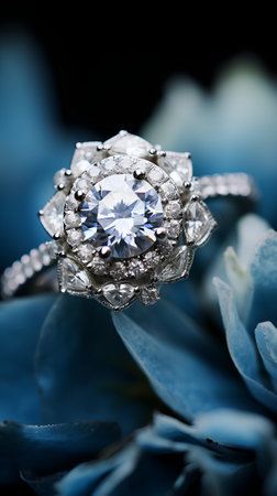 Jewelry diamond ring with blue flower. Jewelry background.の素材