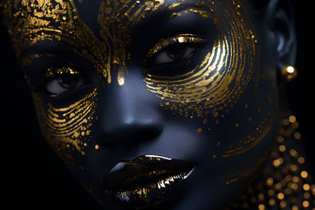 Portrait of a beautiful woman with golden bodyart on black backgroundの素材