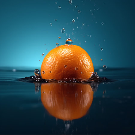Orange with water drops on a blue background. 3d illustration.の素材