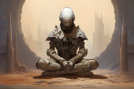 Cyborg sitting on the ground with a soccer ball in his handsの素材