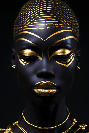 3d render of african woman with golden make up and golden jewelryの素材