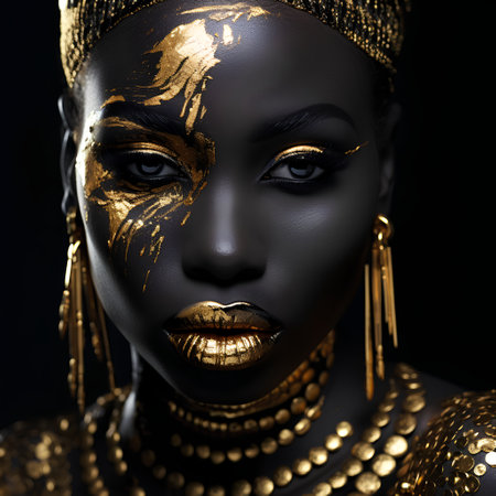 Portrait of a beautiful african woman with golden make-up on black backgroundの素材